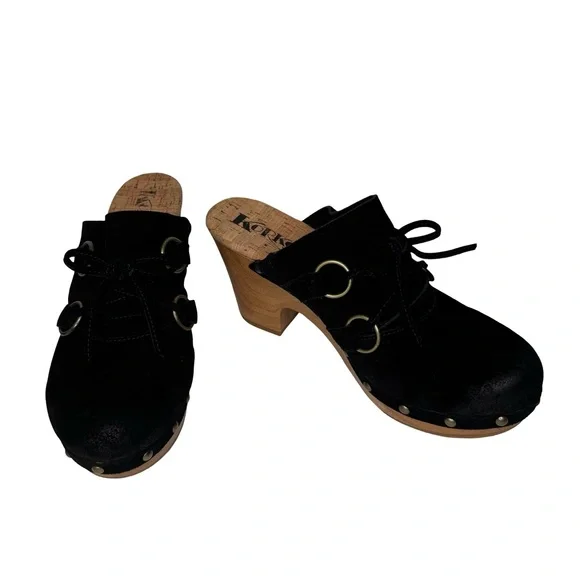 KORKS Woodley Black Suede Studded Clogs Mules with Wooden Heel Size 8M - Picture 12 of 13